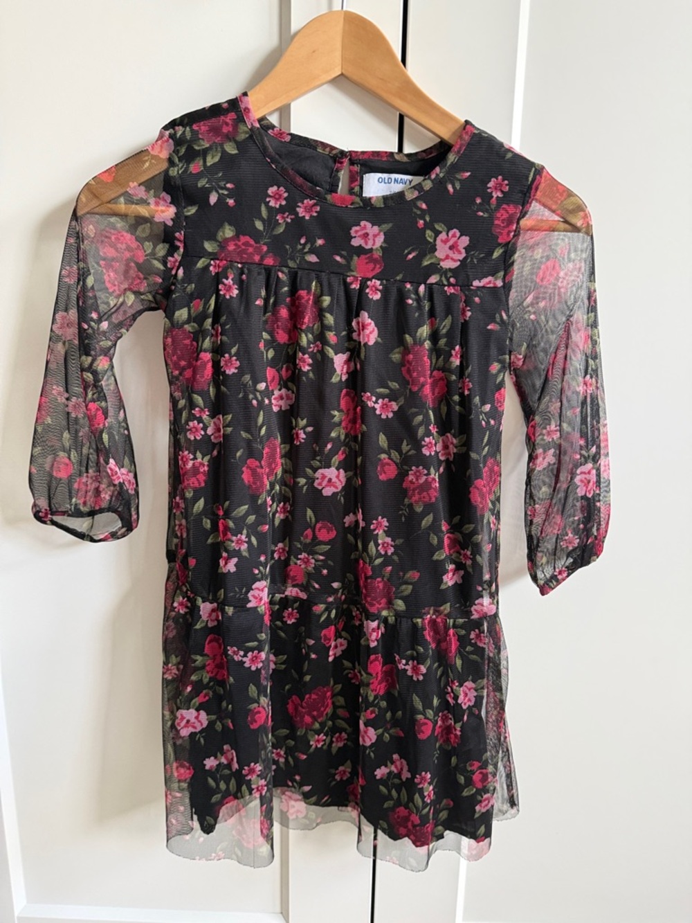 Old Navy Black Dress with Pink Floral Mesh Overlay